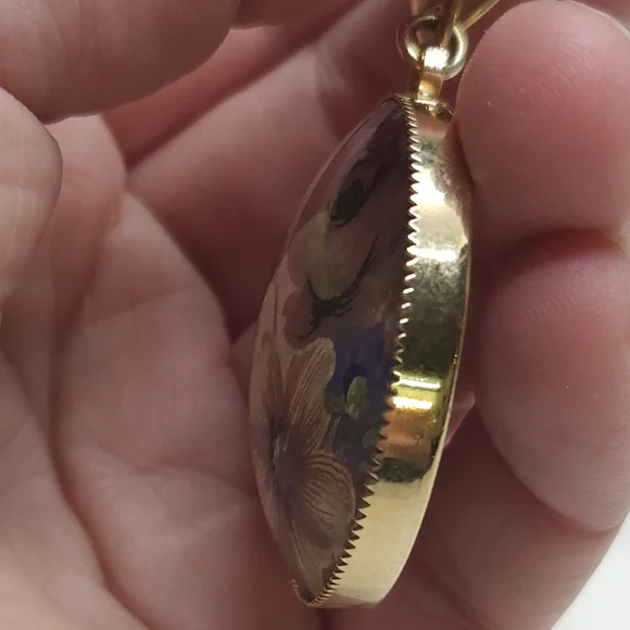 Vintage Hand Painted Red & Yellow Flower Glass Pendant Necklace Gold Tone - Picture 5 of 10